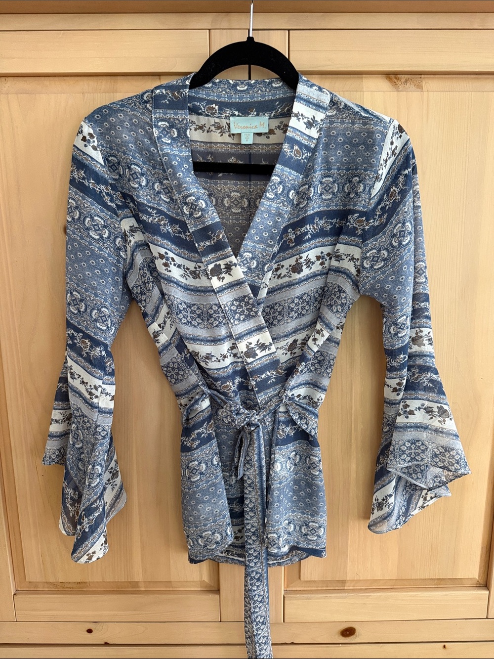 Veronica M Blue and White Paisley Wrap Blouse
